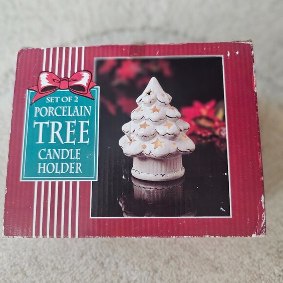 The Gift Collection Porcelain Christmas Tree Tea light Candle Holders, set of 2 - Picture 1 of 6